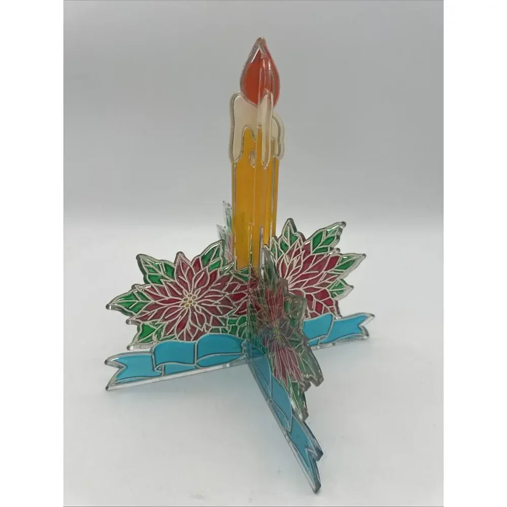 Vintage Christmas 3D Suncatcher Window Decor Candles Faux Stained Glass Candle